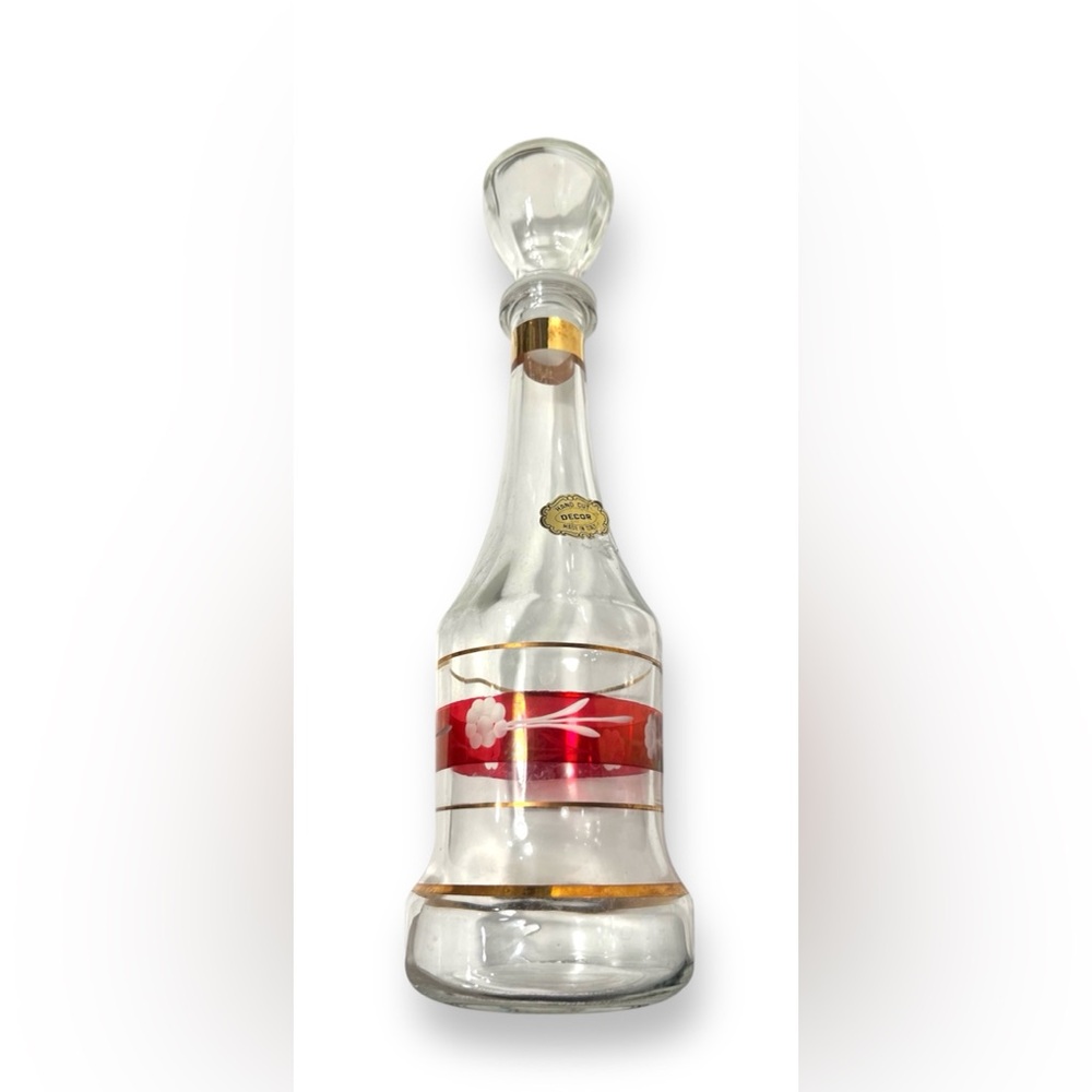 Hand Cut Cranberry Stripe Italian Glass Decanter Vintage Barware